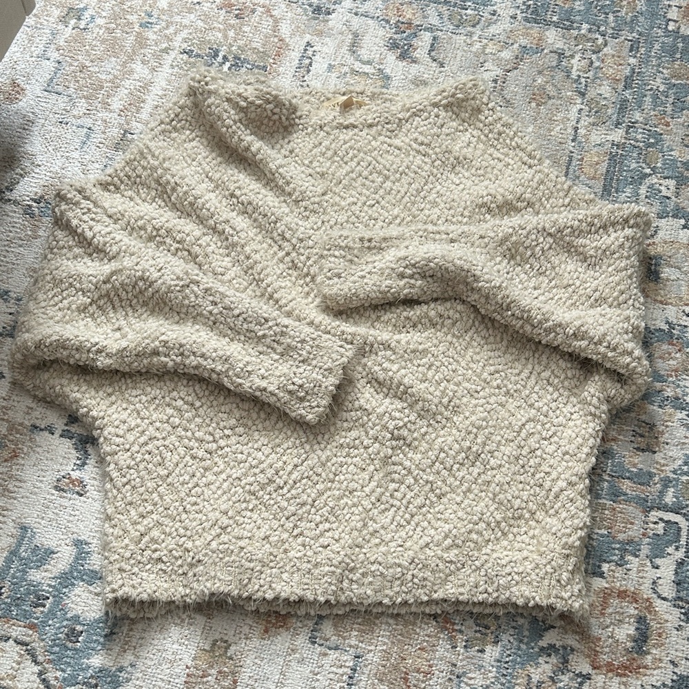 LOVESTITCH Cream Boucle Cropped Batwing Boatneck Sweater Women's Size S/M